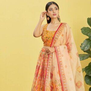 Yellow mirror print lehenga set
